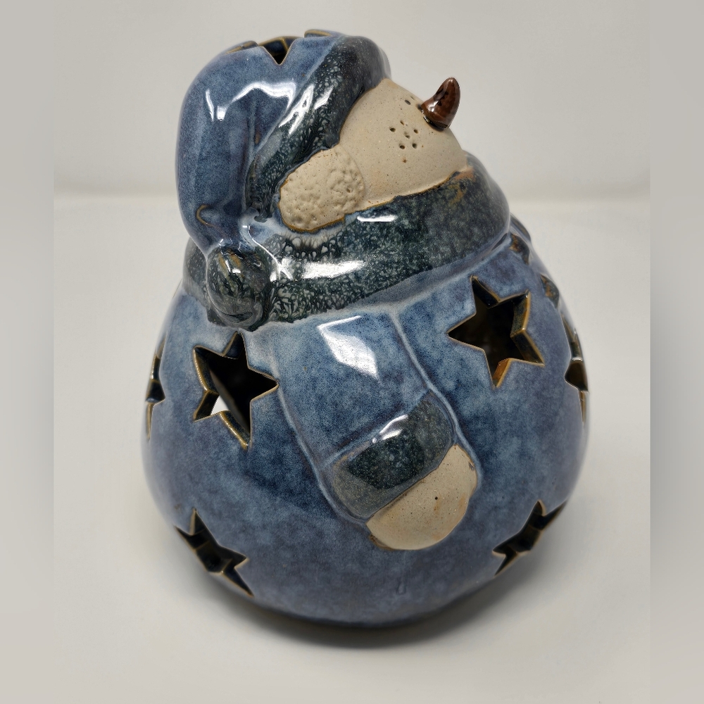 Ceramic Blue Holiday Snowman Tea Light Candle Holder with Star Cut Outs - Picture 4 of 5
